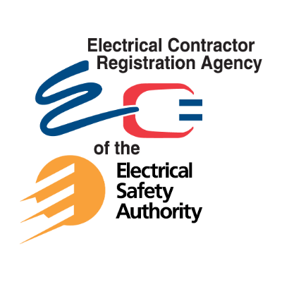 Logo of the Electrical Contractor Registration Agency with stylized blue and red wiring, and an orange and black circular emblem at the bottom.