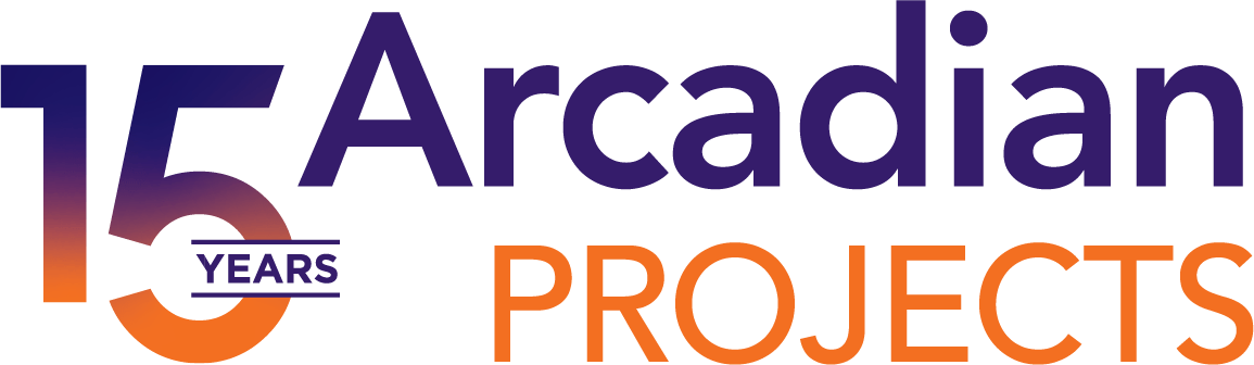 Logo featuring "15 Years" and "Arcadian Projects" in purple and orange gradient text on a black background. Celebrates anniversary milestone.